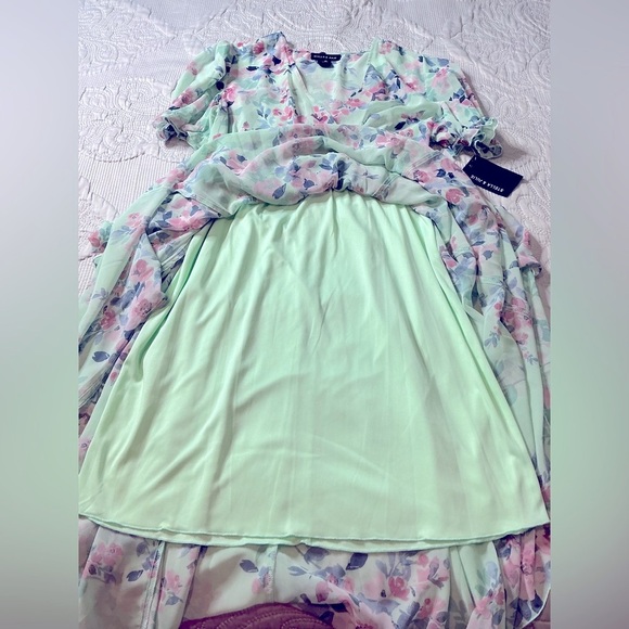 Green Puff Sleeve V-Neck Midi SunDress floral - Picture 7 of 12